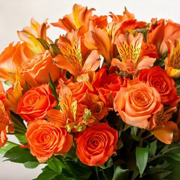 2 dozen orange roses with alstroemeria in a vase 2