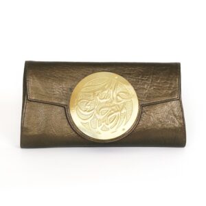Le Icon clutch bag in Antique by Dareen Hakim brushed gold engraved with live and laugh by Dareen Hakim