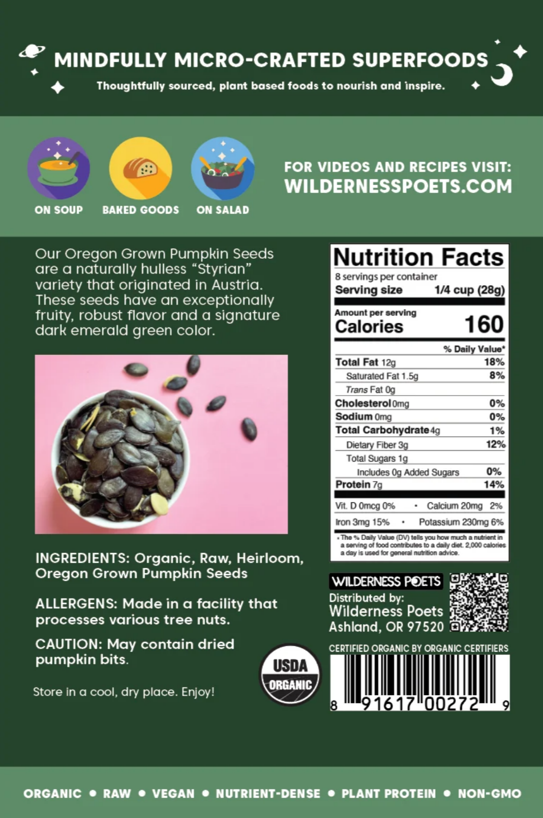 Heirloom Pumpkin Seeds - Organic, Raw, Oregon-Grown, 8 oz - Wilderness Poets (2) Heirloom PUMPKIN Seeds (Organic, Raw, Oregon Grown)